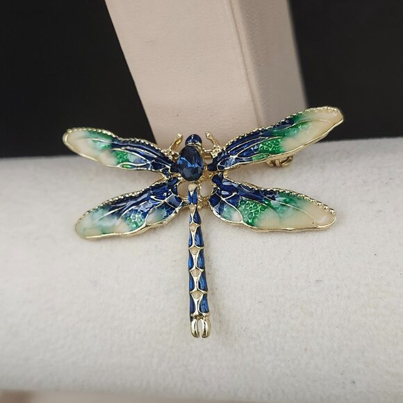 Vintage Betsey Johnson Dragonfly Pin Brooch Blue Stone Enamel Gold Tone NOS - Picture 3 of 4